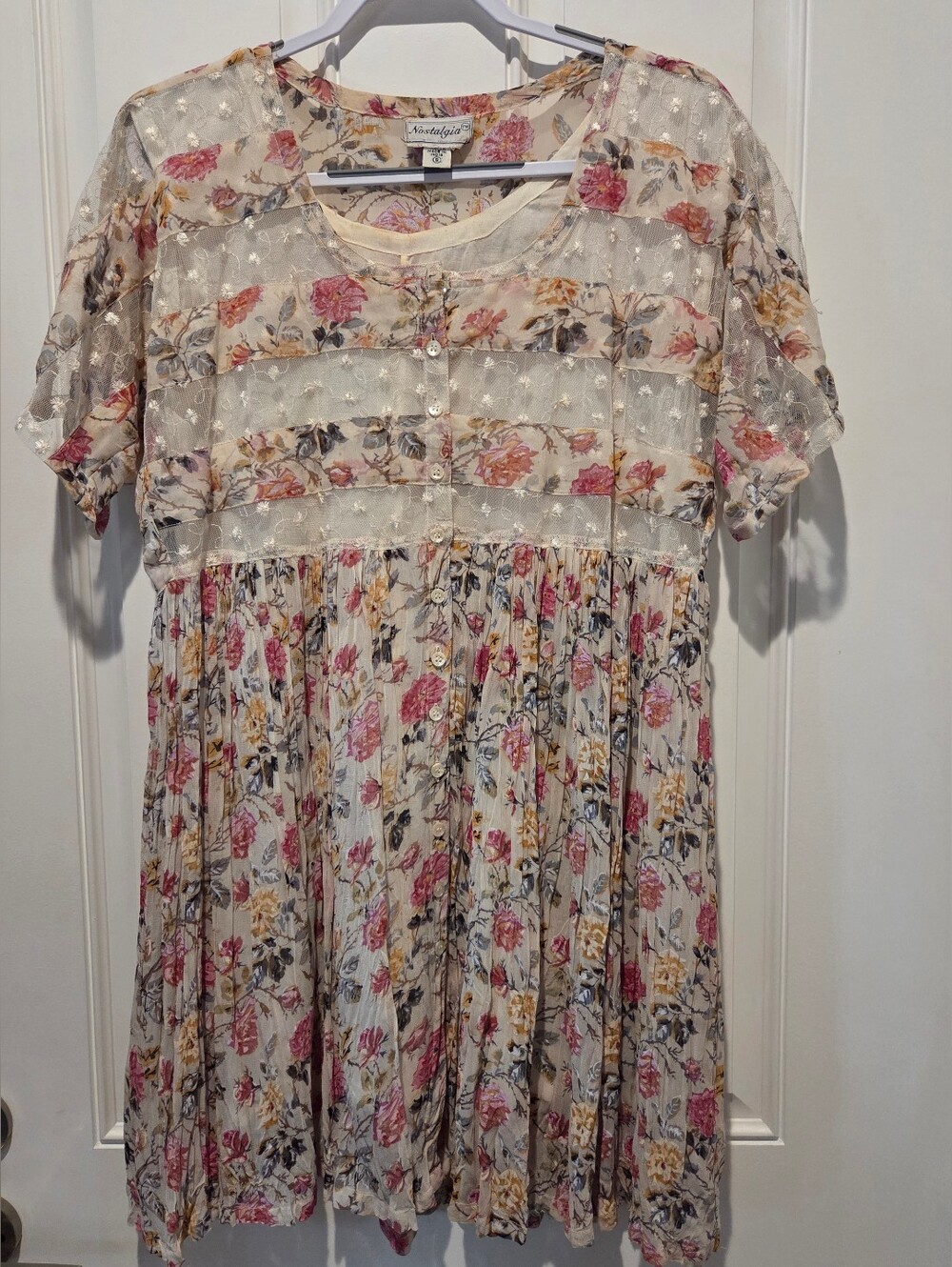 Nostalgia Vintage 90s Boho Floral Lace Gauze Babydoll Dress Women's Small